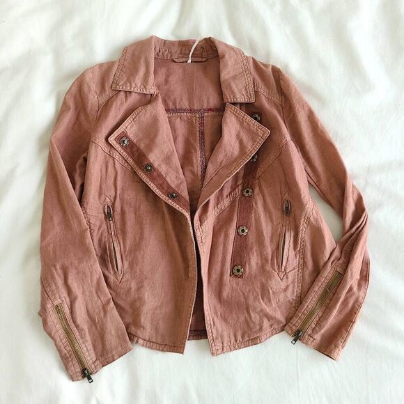 Free People Rosewood Moto Jacket Women's XS Pink Long Sleeve Collared Linen Blen - Picture 1 of 9